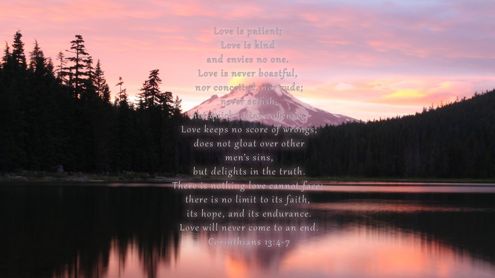 Corinthians 13:4-7 Bible Verse Over Mountain Lake Sunset