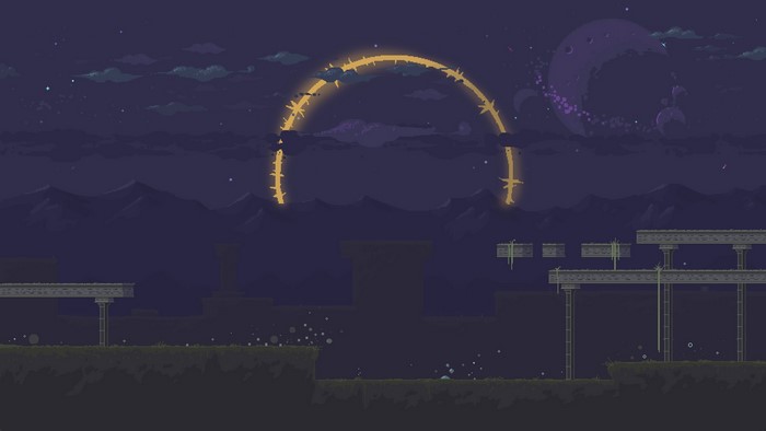 Pixel art of Risk of Rain with celestial elements