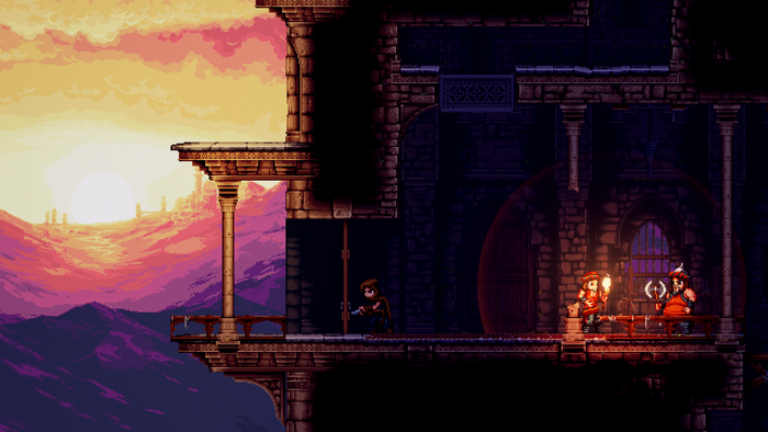 Pixel art castle with characters at sunset