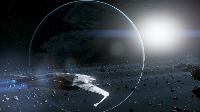 Mustang Alpha spaceship near Stanton planet in Star Citizen