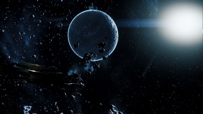 Spaceship near a planet and asteroids in Star Citizen