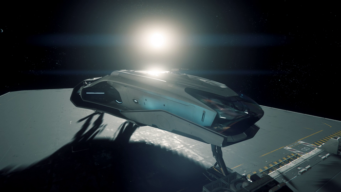 Star Citizen spaceship on a landing platform in space