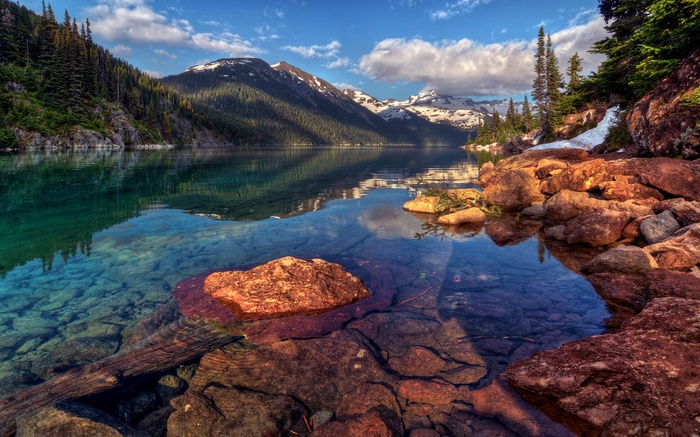 Clear lake reflecting mountains and forest