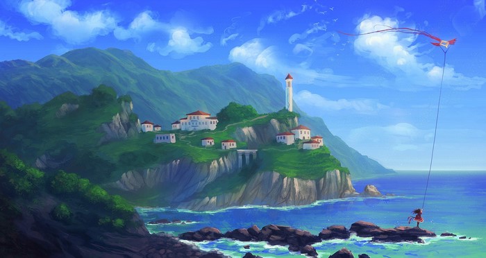 Girl flying a kite on a cliffside village