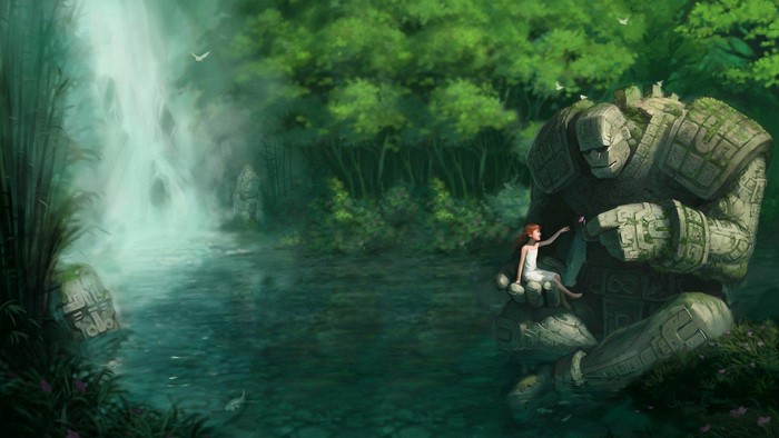 Girl and Golem by Waterfall in Forest