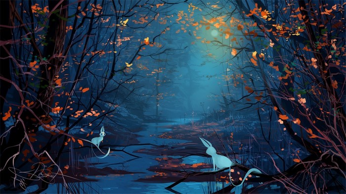 Two white creatures in a dark, misty forest with orange leaves
