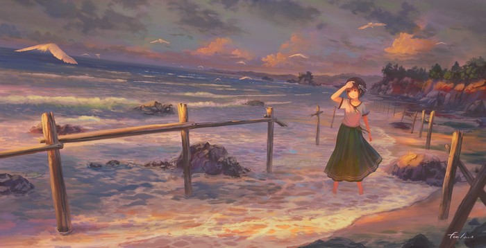 Anime girl on a beach at sunset with birds