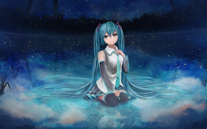 Hatsune Miku sitting in water at night