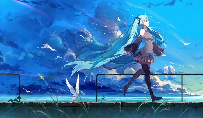 Hatsune Miku walking by the sea with birds