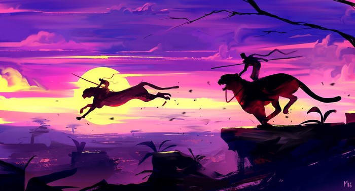 Warriors riding tigers at sunset