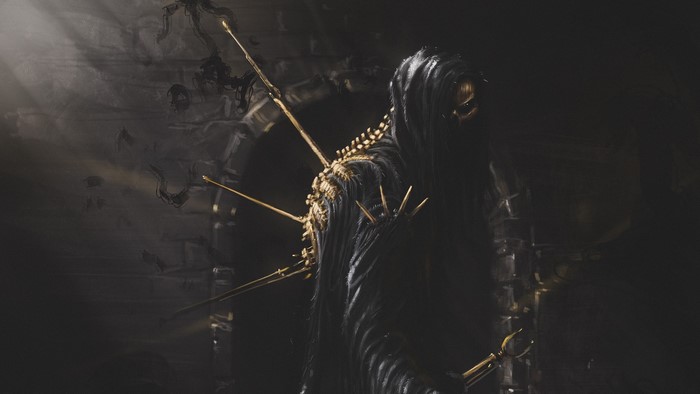 Fantasy art of a hooded skeleton figure with spikes