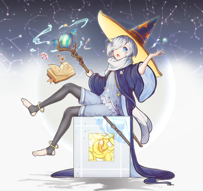 Anime girl wizard with candy staff and spellbook