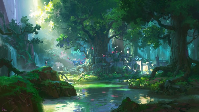Fantasy forest with elven city and waterfall