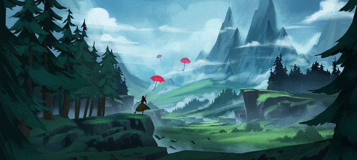 Woman with umbrellas in a fantasy mountain landscape