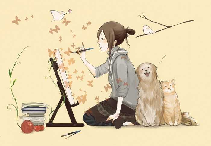 Anime girl painting with dog and cat