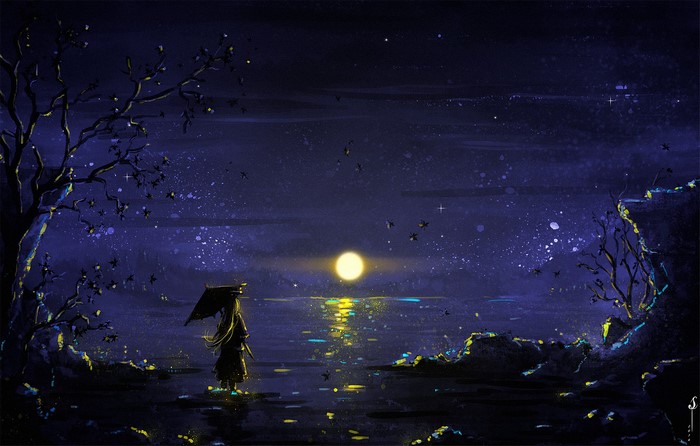 Woman with umbrella by moonlit lagoon