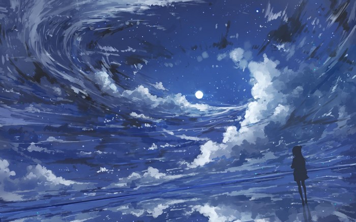 A girl stands under a swirling night sky with a full moon.