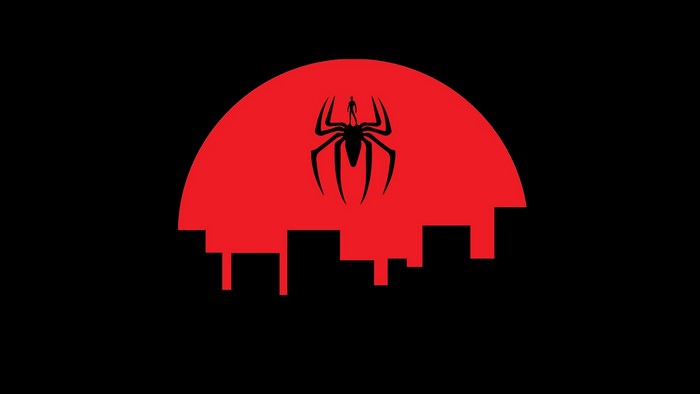 Spider-Man logo over cityscape and red moon