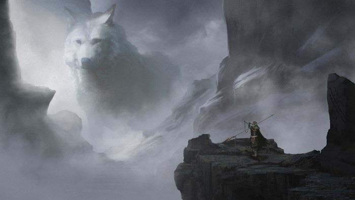 Giant wolf in misty mountains with a warrior