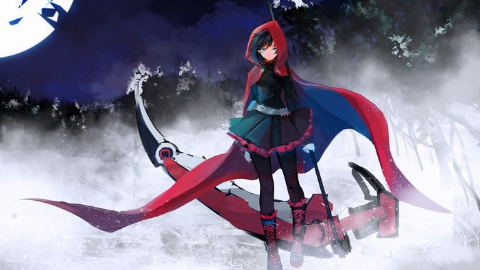 Ruby Rose from RWBY with Crescent Rose in a misty forest