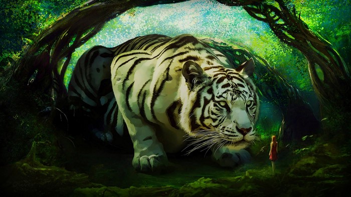 Giant white tiger in a dark green forest with a small girl
