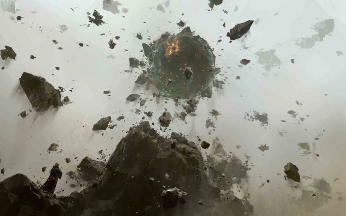 Destruction of a large sphere with debris and a figure