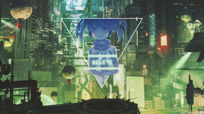 Anime girl with "DELETE" text in a futuristic city