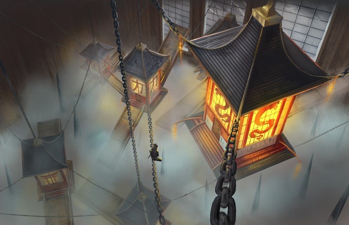 Ninja on chains in a misty Asian temple