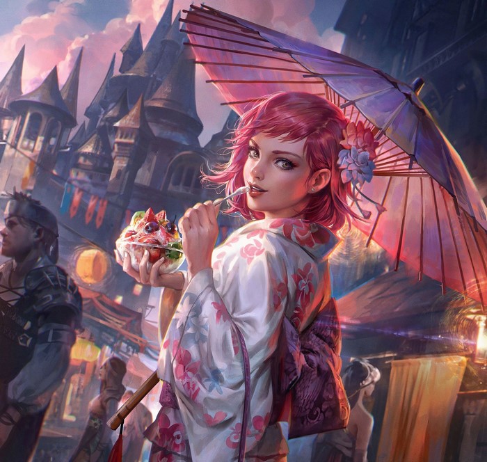 Fantasy girl with pink hair eating fruit in front of a castle