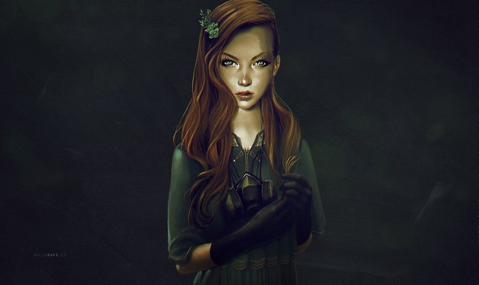 Digital art of a redhead woman with a gas mask
