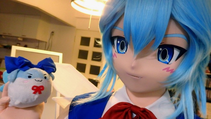 Cirno from Touhou holding a plush toy