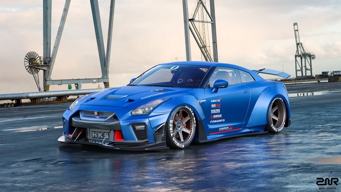 Blue Nissan GT-R with custom body kit