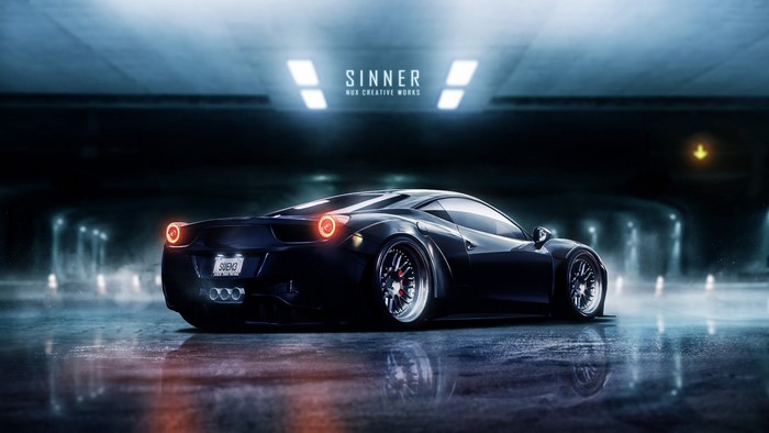 Black Ferrari 458 Italia in a dark tunnel