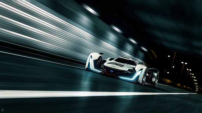 Hyundai race car driving through a tunnel