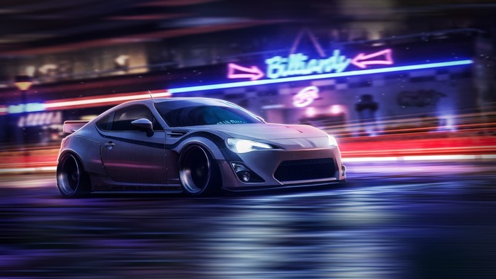 Subaru BRZ driving past a neon-lit billiards sign