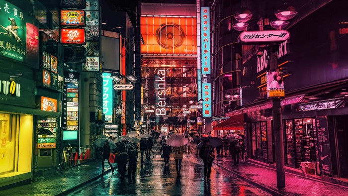 Night street in Shibuya, Tokyo with Bershka store