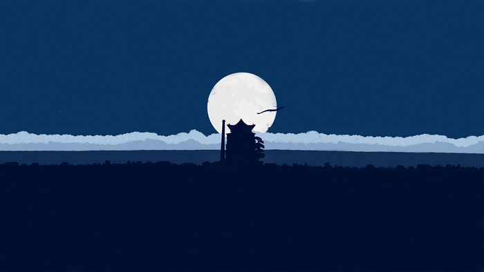 Minimalist Anime Landscape with Moon and Pagoda