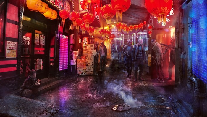 Futuristic Shanghai alley with people and lanterns