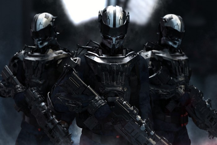Three futuristic soldiers with weapons