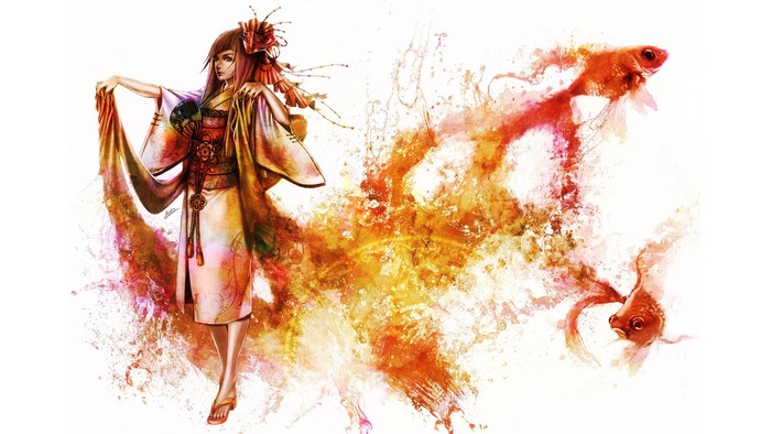 Woman in Kimono with Goldfish