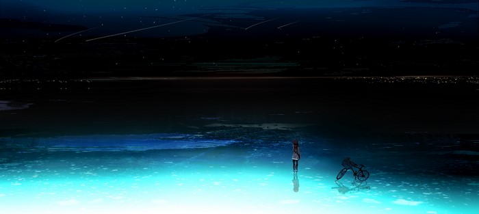 Anime girl and bicycle under starry night sky