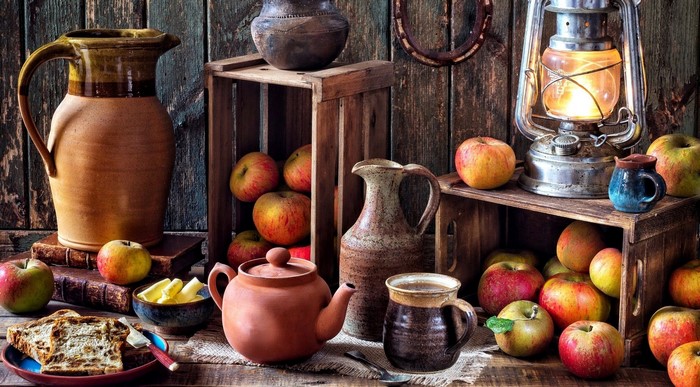 Still life with apples, pottery, and a lantern
