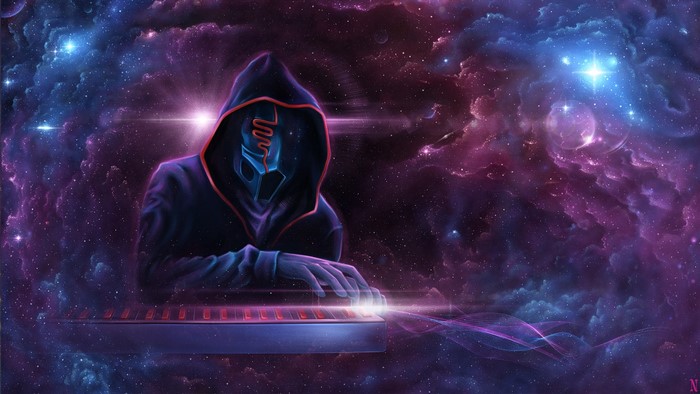 Person in mask playing keyboard in space