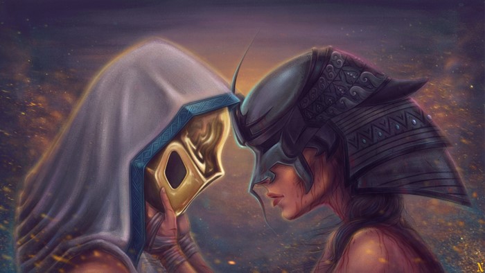 Two warriors in masks facing each other