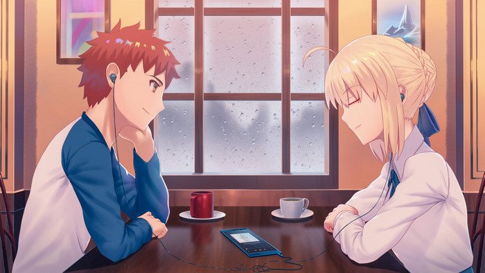 Saber and Shirou Emiya from Fate/Stay Night sharing headphones