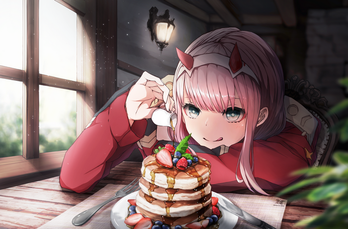 Zero Two from Darling in the FranXX eating pancakes