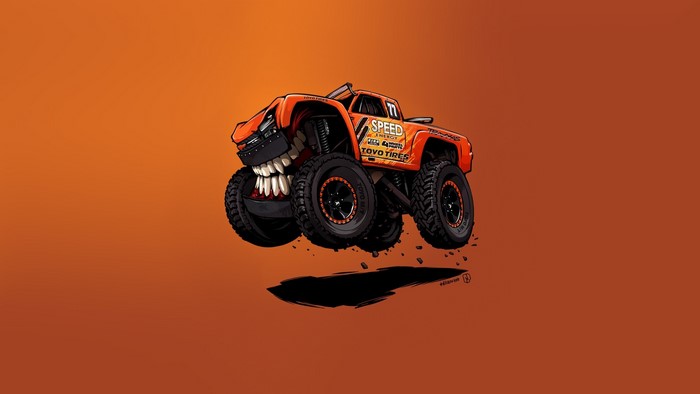 Orange monster truck with teeth jumping