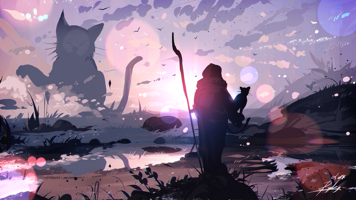 Fantasy landscape with giant cat and traveler
