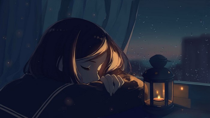 Girl sleeping by the window at night