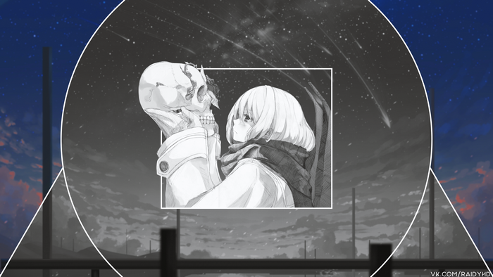 Anime girl with skull, night sky